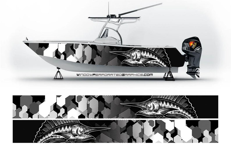 Fishing Boat Trailer - Камуфляжная черно-белая рыба Марлин, графическая виниловая